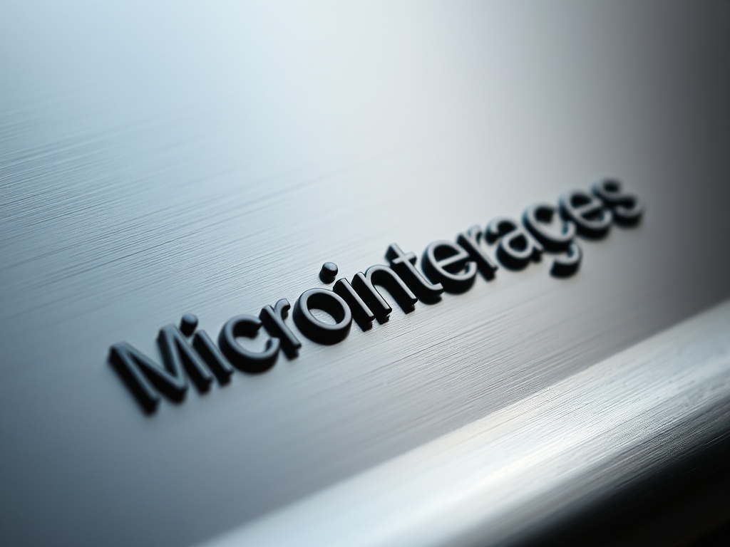 A macro shot of the Microinterações logo embossed on a matte black metal surface, with subtle light reflections. Minimalist, high-end, 8k.